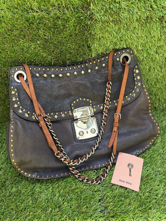 Miu Miu Handbags - Miu Miu Studded Leather Shoulder Bag - Black